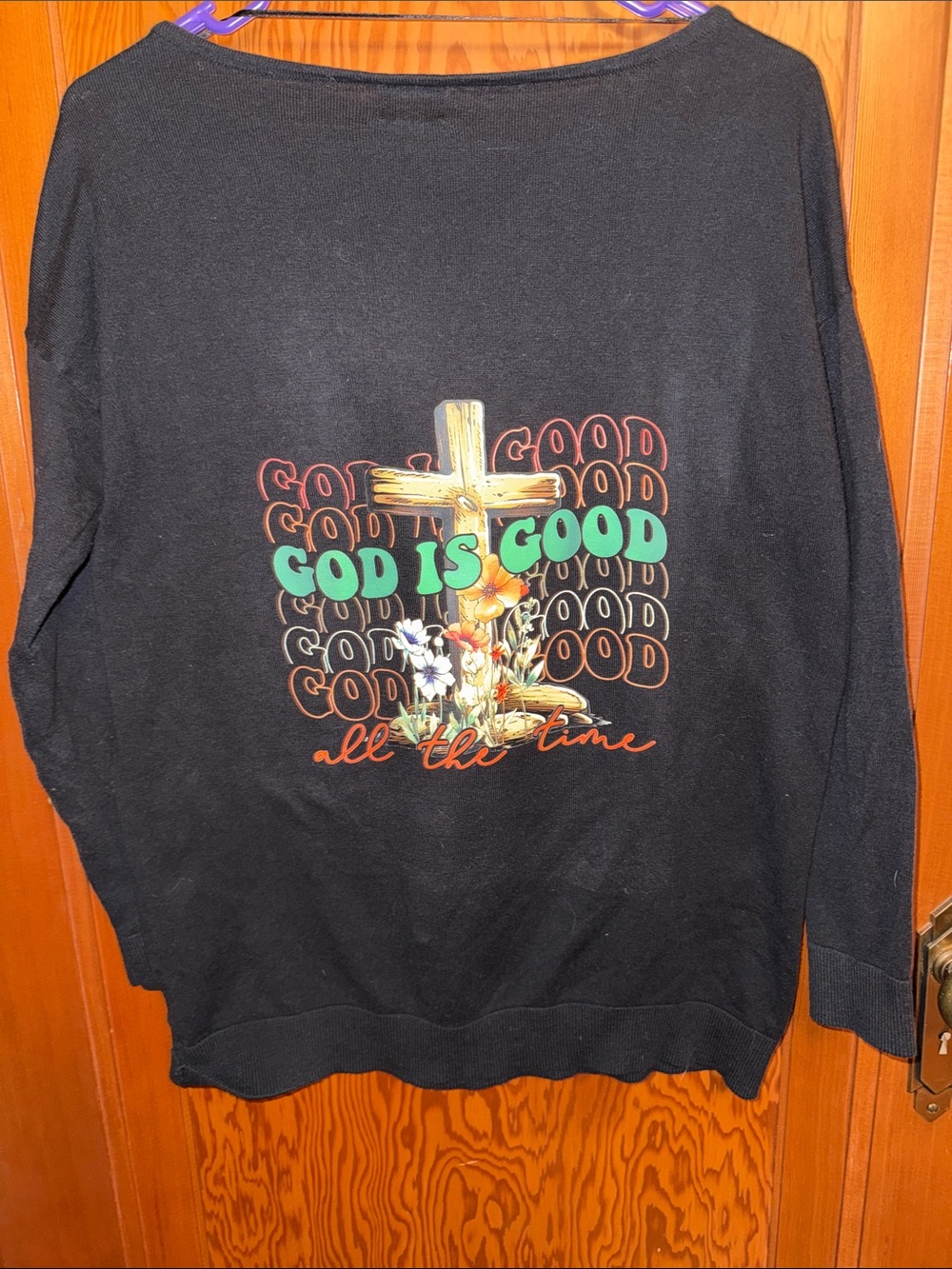 Worthington Black Crewneck Sweater with Colorful 'God Is Good' Cross Graphic